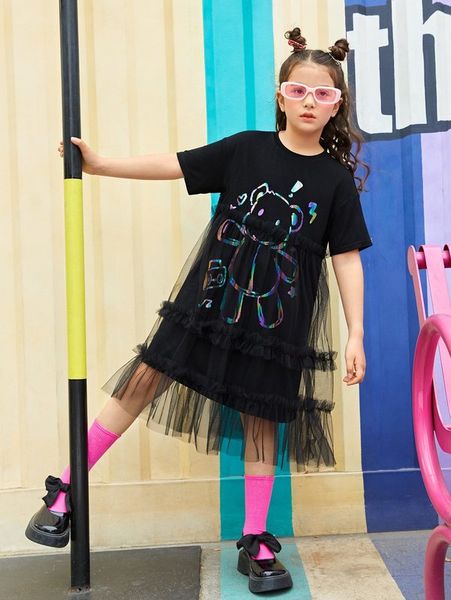 

girls cartoon graphic mesh overlay ruffle hem dress she, Red;yellow