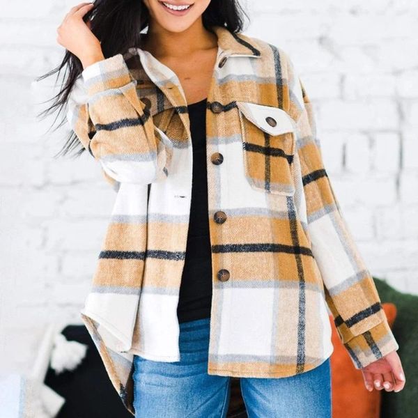 

women loose woolen plaid blouse female autumn spring casual basic lapel outwear office lady jacket coat trendy 2020 new, White