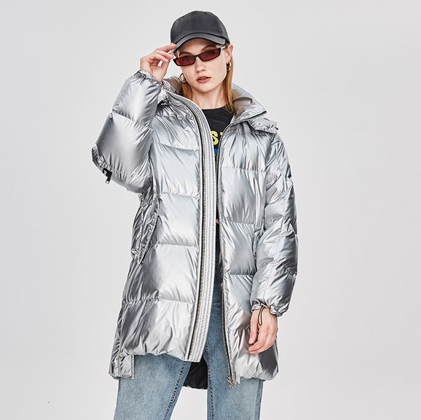 

2021 new winter thick stand collar hooded white duck down material loose style women warm long coat casaco feminino 9gru, Black