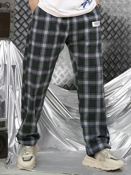 

men slogan patched detail plaid drawstring waist pants y2vt#, Black