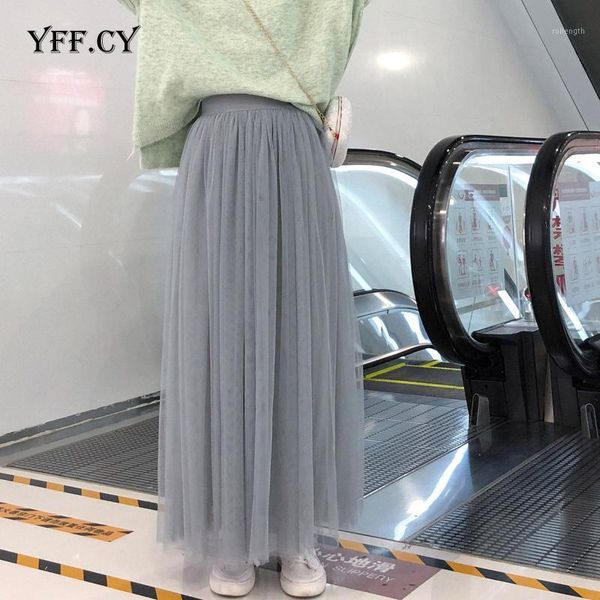 

long tulle skirt women 2020 spring summer elegant elastic high waist mesh skirt female tutu a-line pleated midi maxi1, Black