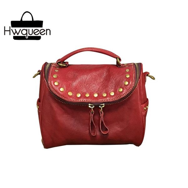 

vintage rivets/studs designer genuine soft cow leather women's small claret-red bag handbag female ladies shoulder bag