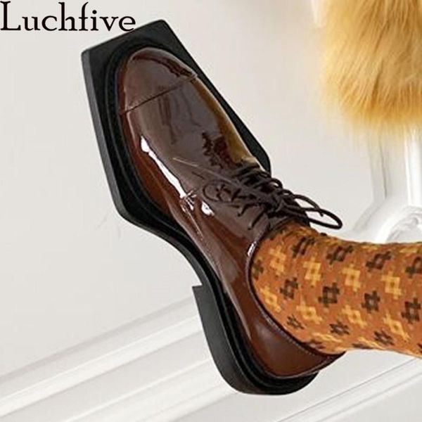 

real leather flat shoes woman loafers shoes brown square toe lace up dress casual runway ladies, Black