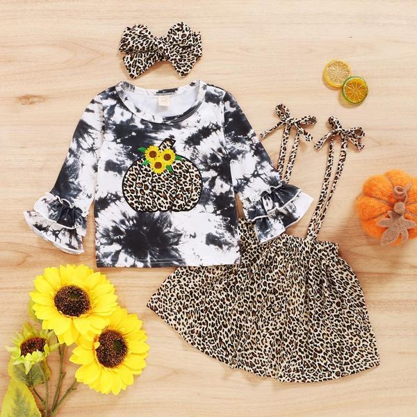

children halloween clothes set tie-dye embroidery pumpkin + leopard print suspender skirt + headband1, White
