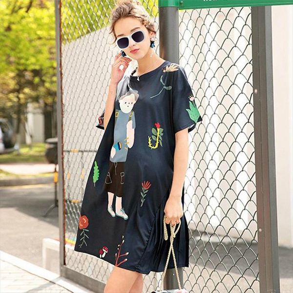 

plus size summer women blouses kawaii casual cartoon pattern blue printing long fashion casual loose lady long blouse ns457, White
