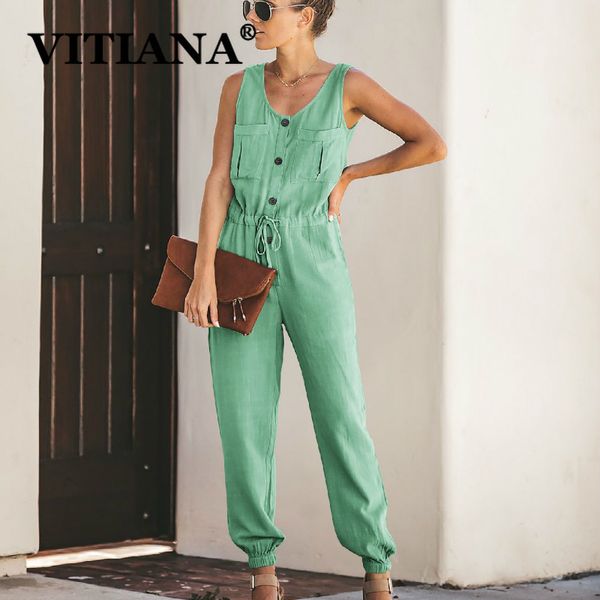 Vitiana Mulheres Casual Jumpsuit Verão 2019 Feminino Bolsos Sem Mangas Botões Macacões Macacões das Mulheres Senhoras Escritório Formal Romper T200107