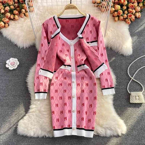 

fashion autumn women knitted dress 2 piece set women pink printed cardigan coat chic spaghetti strap bodycon dresses suits, White