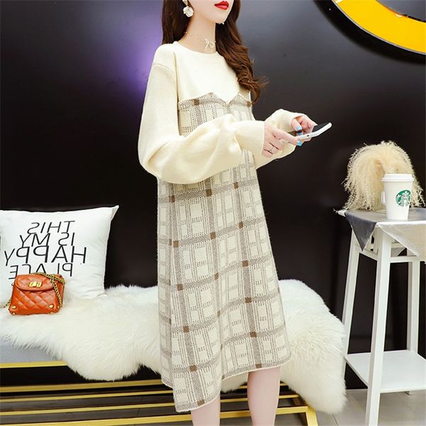 

2021 new mixture of plaid colors woman's nightgown crew fresh neck sweet mid-autumn length winter elegant dress fashionable dwop, Black;gray