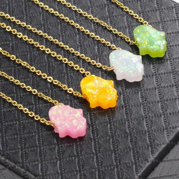 

chains fnixtar stainless steel gold color chain opal hamsa hand fatima pendant necklace women stone 45cm 2piece/lot, Silver