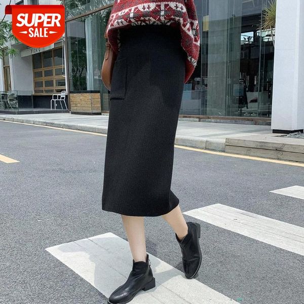 

autumn and winter mid-length knitted skirt one-step skirt package hip female high waist long back slit thick woolen #r70v, White;black