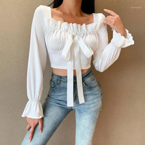 

autumn women square neck lace-up ruffle tight leisure long sleeve blouse solid color crop 1, White