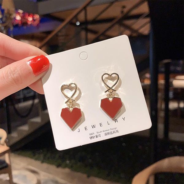 

cute red metal drop earrings for women gifts vintage gold color red heart oil dangle earrings new fashion jewelry dropshipping, Silver