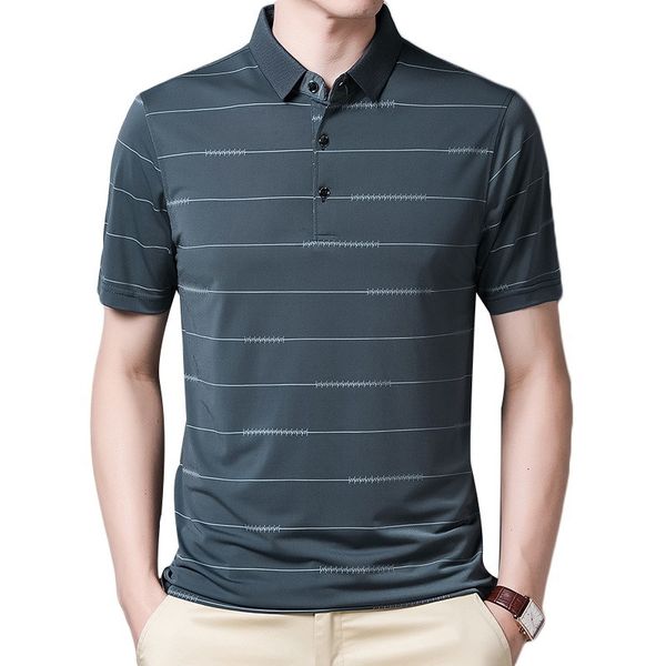 

2021 new shirt solid casual milk silk stripe men loose printing short sleeve men's polo tee large 3xl 20123, White;black