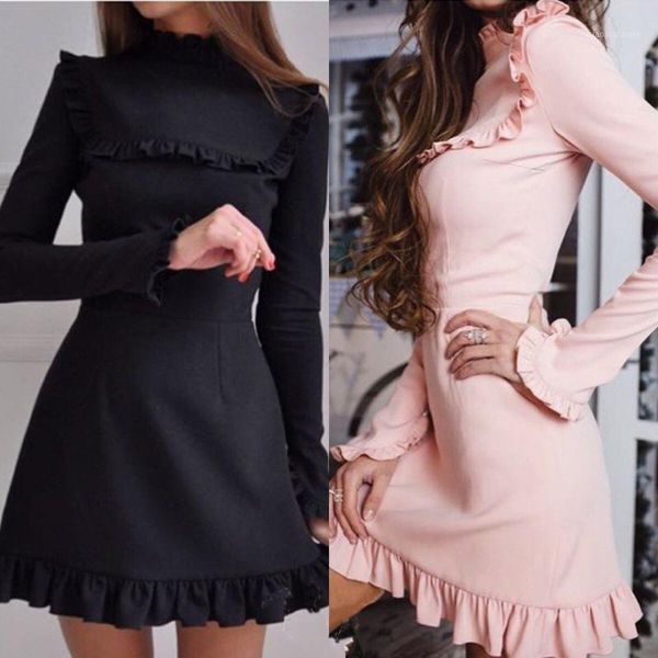 

women ruffles a line dress flare sleeve solid casual turtleneck long sleeve female mini party dresses vestidos1, Black;gray