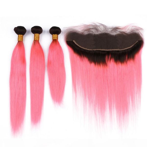 

pink ombre virgin brazilian human hair weaves with frontals straight #1b pink 2tone ombre human hair bundles 3pcs with lace frontal 13x4, Black