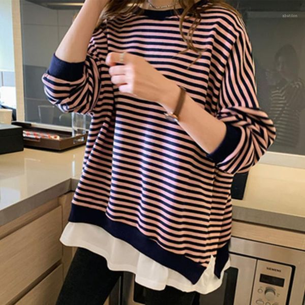 

women's hoodies & sweatshirts striped women sweatshirt long sleeve shirt japan female fake two piece fashion plus size korean lazy wind, Black