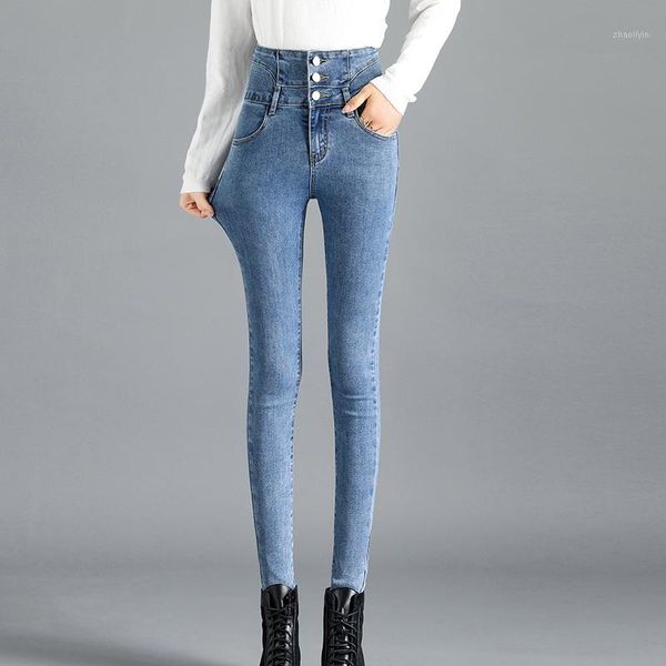 

2020 autumn summer long jeans women skinny plus size high waist stretch pencil pants straight slim solid women's denim capris1, Blue