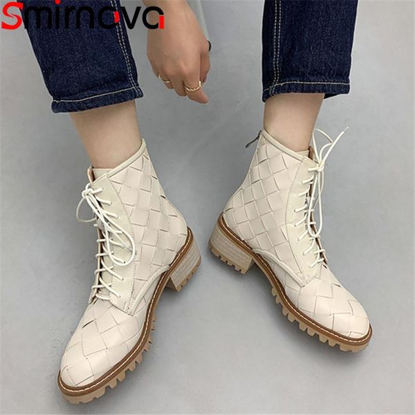 

smirnova 2020 new arrival fashion women boots square heels round toe ladies shoes simple lace up ankle boots, Black
