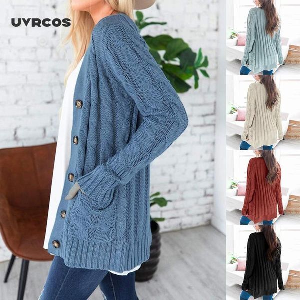 

uvrcos autumn knitted cardigan women sweaters with pocket long sleeve loose solid sweater coat casual jumper, White