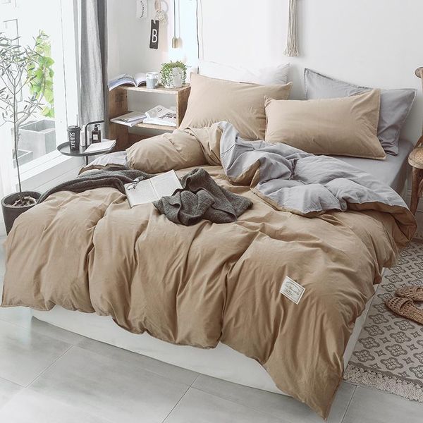 

pure cotton washed cotton ab bed set duvet cover flat fitted bed sheet pillowcases solid khaki grey blue yellow pink