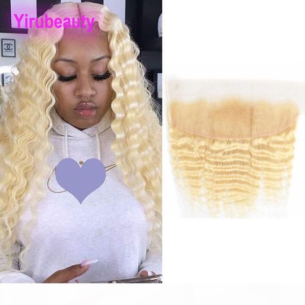 

malaysian blonde color deep wave kinky curly 13*4 lace frontal with baby hair closures 613# color 100% human hair 18-24inch, Black;brown
