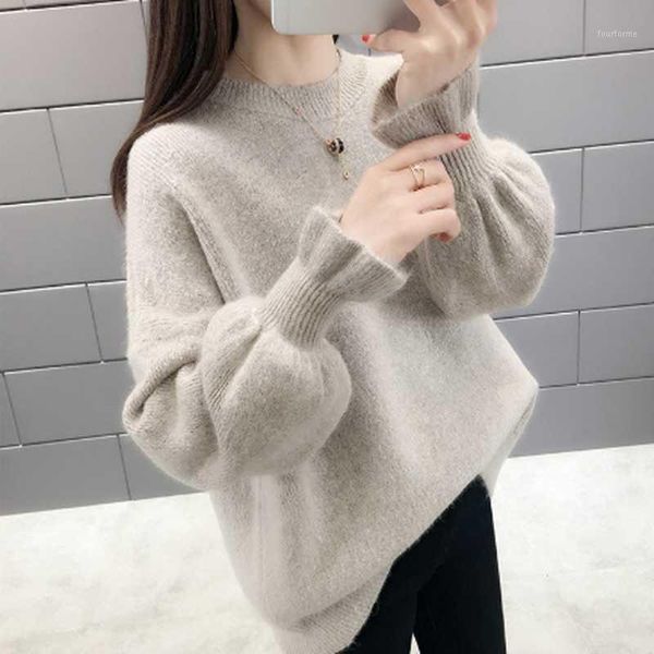 

women's sweaters qrwr 2021 autumn winter korean women sweater casual o neck solid knitted pullover loose flare sleeve elegant women1, White;black