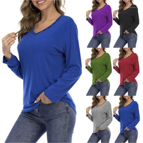 

spring new female plus size casual loose tshirts women solid colors t-shirts fashion trend v neck buttons long sleeve sports tees, White