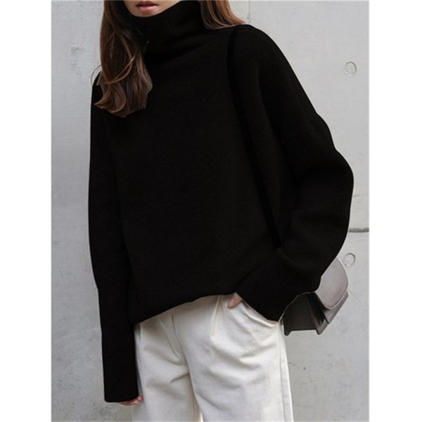 

2021 oversized women's tall turtlenecks loosen solid sleeve full length english style knitting sweatshirt lady in office winter clothes, White;black