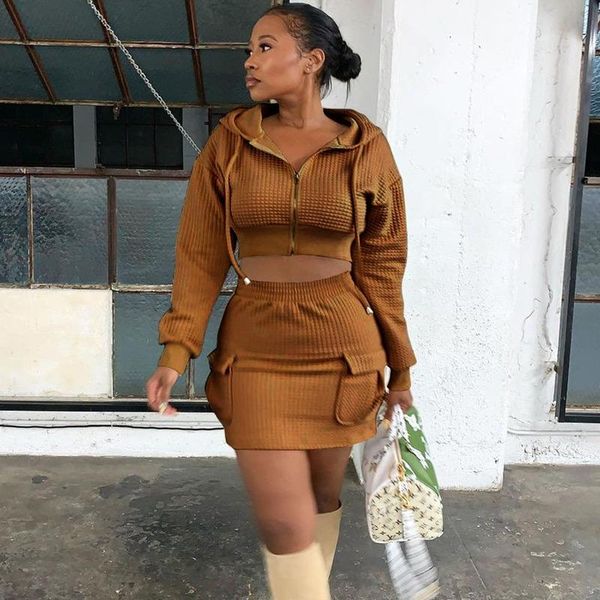 

autumn winter two piece skirt set matching sets for women long sleeve hoodies crop mini skirt pocket streetwear club outfits, Gray