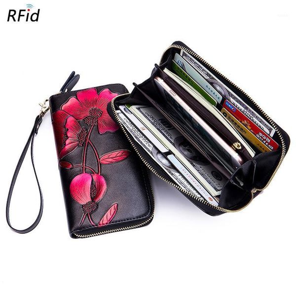 

wallets selling genuine leather women long zipper flower print handle card sleeves shopping clutches1, Red;black