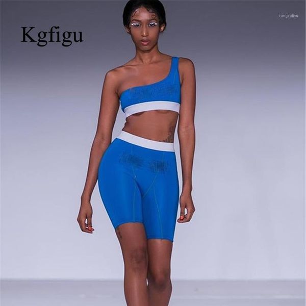

kgfigu 2 piece set women 2020 tracksuit women festival clothing one shoulder sleeveless and biker irregular1, Gray