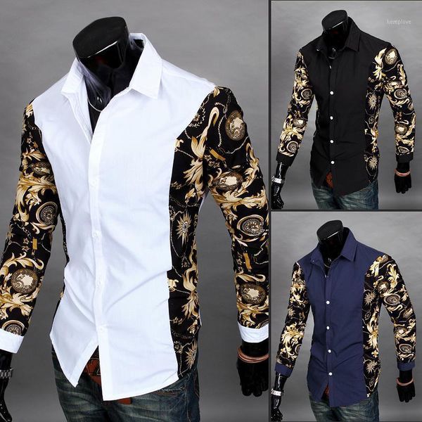 

men's casual shirts wholesale- 2021 black and gold dress baroque printed white shirt men summer outfits camisas slim fit chemise clothe, White;black