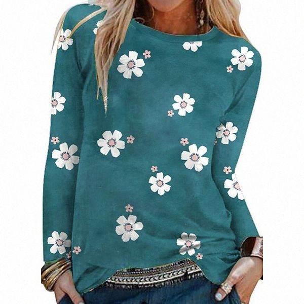 

women's floral theme painting t shirt floral daisy long sleeve print round neck basic blue blushing pink gray 880x#, White