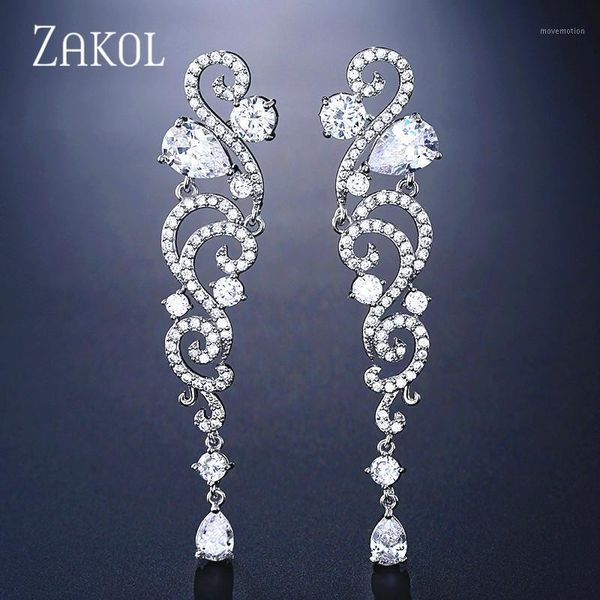 

zakol luxury cubic zirconia long wedding dangle earrings for women fashion leaf bridesmaid bridal jewelry fsep22921, Silver
