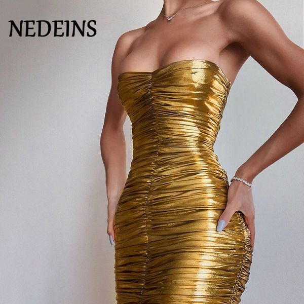 Nedeíns 2020 Sexy PU Couro de Ouro Bandagem Dress Mulheres Backless Tight Up Party Club Sexy Vestidos Elegantes Vestidos Y0118