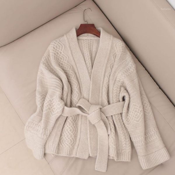 

autumn winter woolen knitted loose sashes long elegant open stitch v-neck female women cardigan sweater1, White