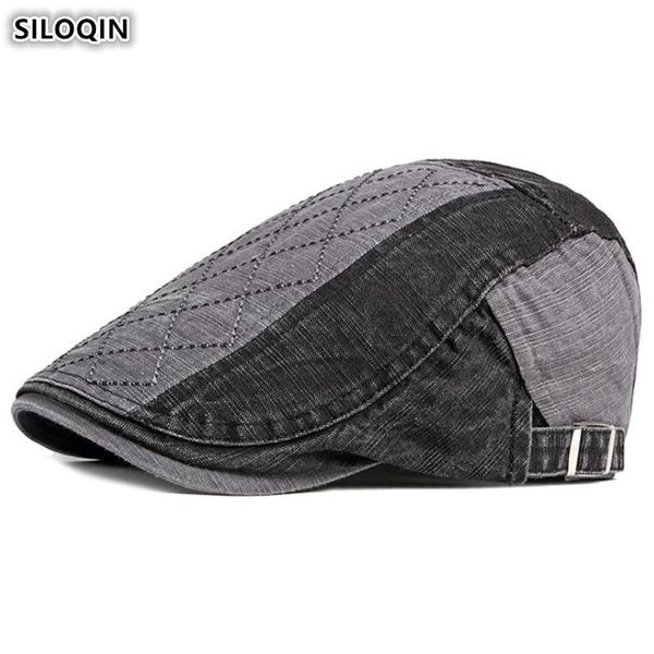 

berets siloqin snapback cap men's cotton 2021 summer british retro tongue adjustable size vintage splice brand hat, Blue;gray