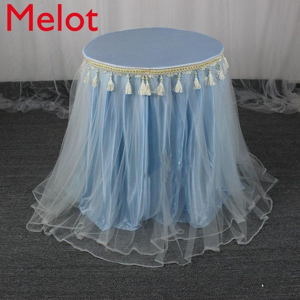 

table skirt high-end simple solid color tassel round-table puffy yarn wedding wallpapers