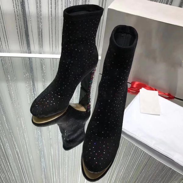 

fashion rhinestone ladies classic black pointed high heel 4 cm autumn and winter plus velvet stretch boots