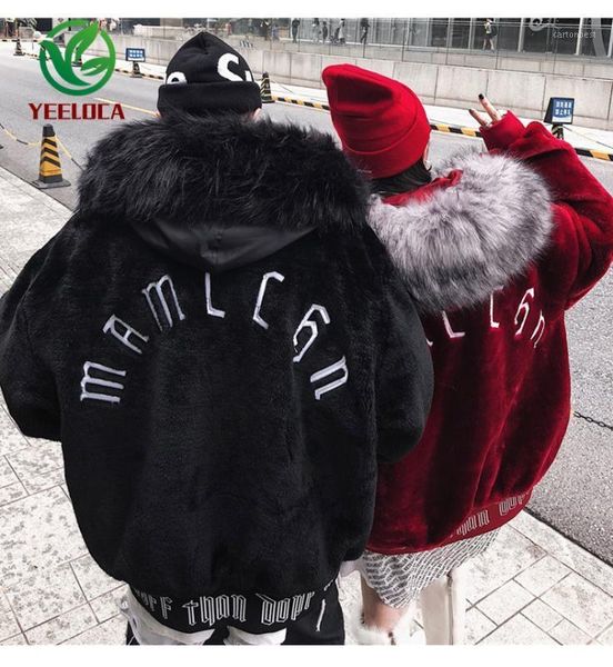 

women's down & parkas 2021 winter plush fur collar hoodie jacket coat warmth hip hop couple men women streetwear oversized, Black