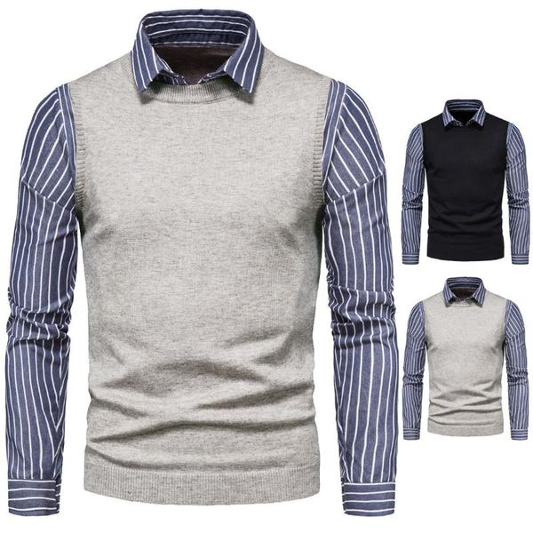 

spring autumn men's false two-piece shirt blue and white stripe lapel thick warm stretchy knitting male casual pullover, White;black