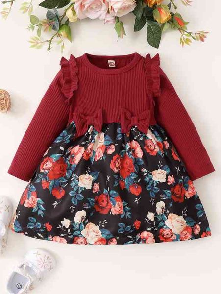 

baby floral print bow ruffle dress she, Red;yellow