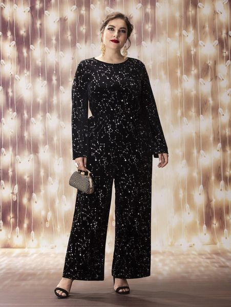 

plus galaxy print wide leg jumpsuit 49rf#, Black