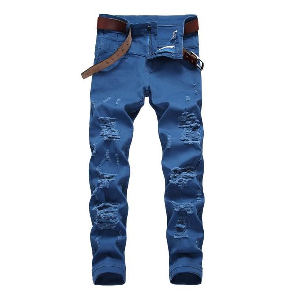 

men ripped jeans denim long hole ruined men casual nostalgic denim trousers large size fashion jeans dropship, Blue