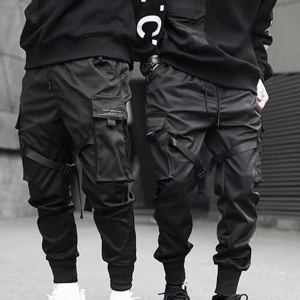 

men cargo pants ribbons harem joggers harajuku sweatpant hip hop trousers h66, Black
