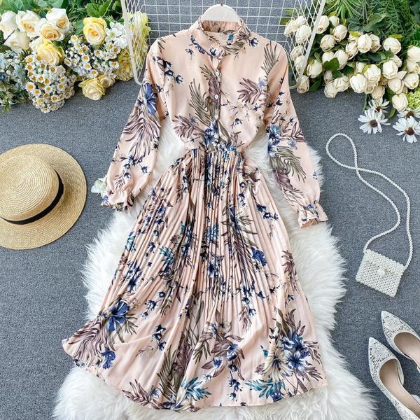 

new arrival 2020 vacation dress women fashion long sleeve flower print pleated dress elegant woman midi holiday dress, Black;gray