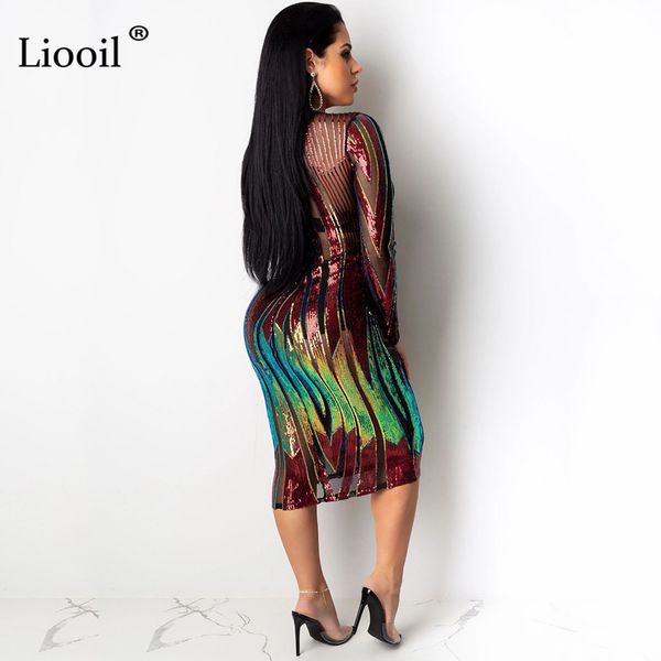 

liooil sequin print mesh bodycon midi dress women 2021 long sleeve o neck see through night club party tight fitted dresses lj201203, White;black