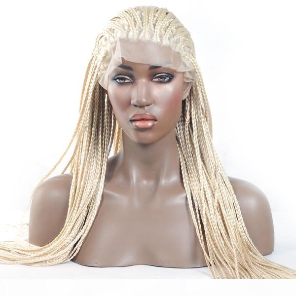 

color 613 micro braid wig platinum blonde synthetic lace front wig heat resistant fiber braided box braids wig for white women, Black;brown