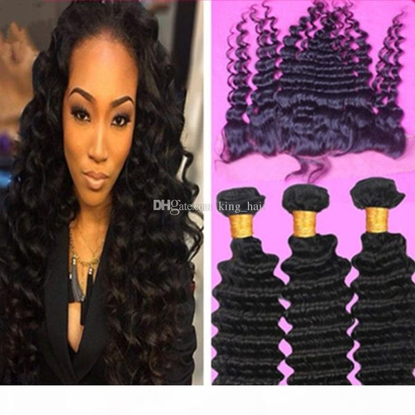 

9a indian virgin human hair ear to ear lace frontals with bundles 4pcs lot deep wave hair weaves with lace frontal closure, Black