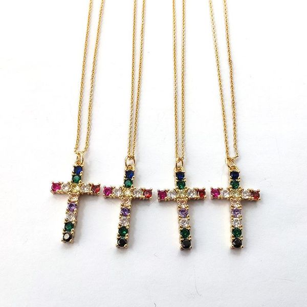 

chains 10pcs fashion rainbow cubic zirconia micro pave cross pendant necklace, multi-color cz stone charms women jewelry 440, Silver